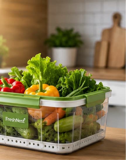 FreshNest vegetable freshness box filled with fresh vegetables on a kitchen counter
