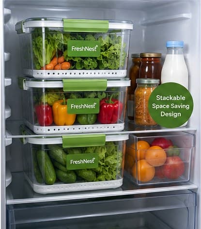 FreshNest boxes stacked neatly inside a refrigerator, organized with vegetables and fruit