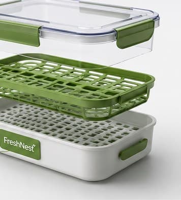 Exploded view of FreshNest showing the transparent lid, ventilated tray, and storage base